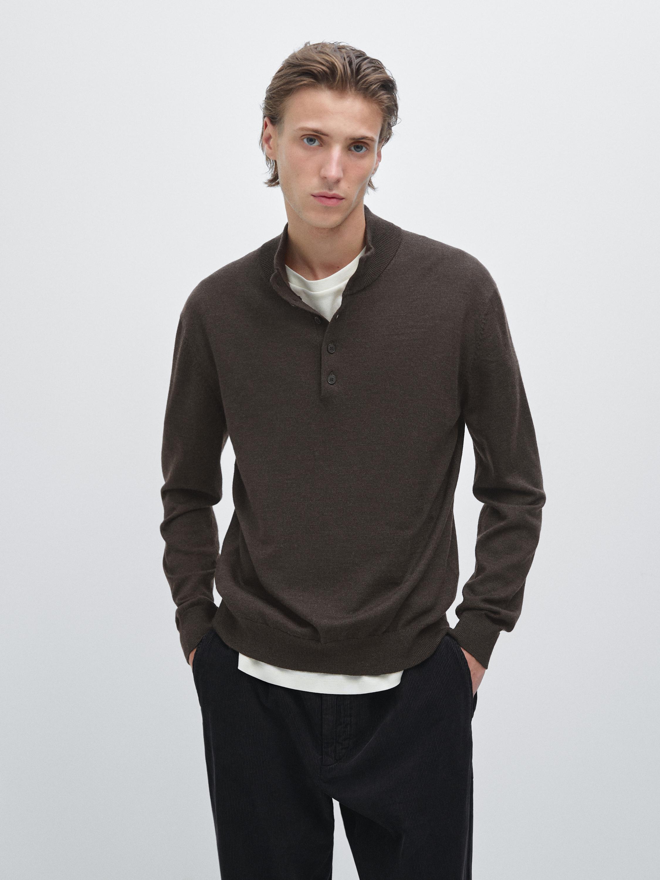 100% wool mock neck sweater with buttons